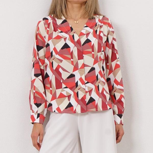 printed v-neck blouse (with/ pleats)