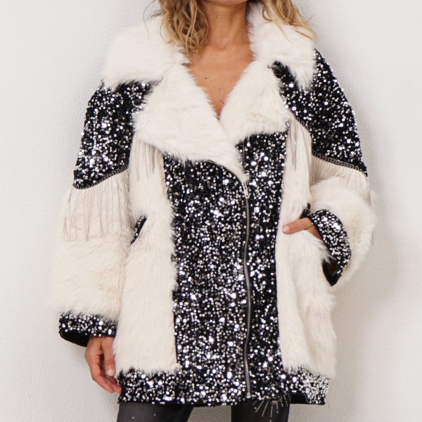 fur coat with sequins and metal fringes
