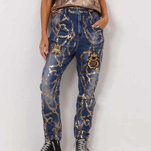 printed jeans with coat of arms application