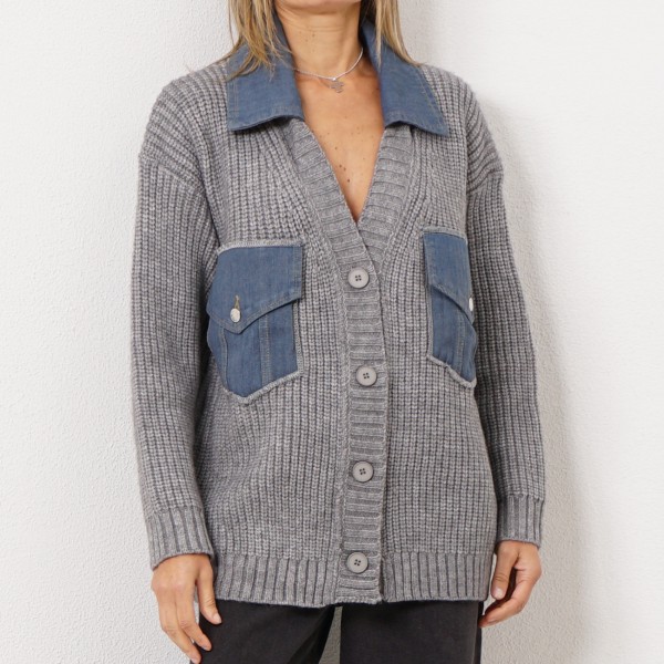 knitted coat with denim applications