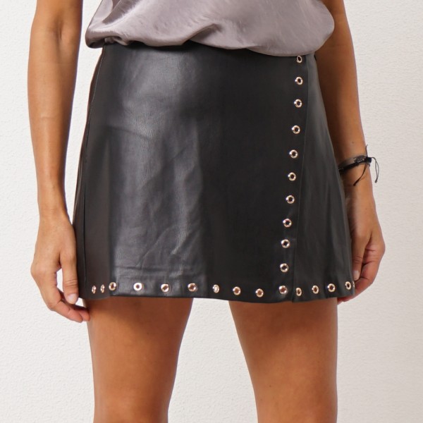 Short mini skirt with a mix of fabrics (eco-leather)