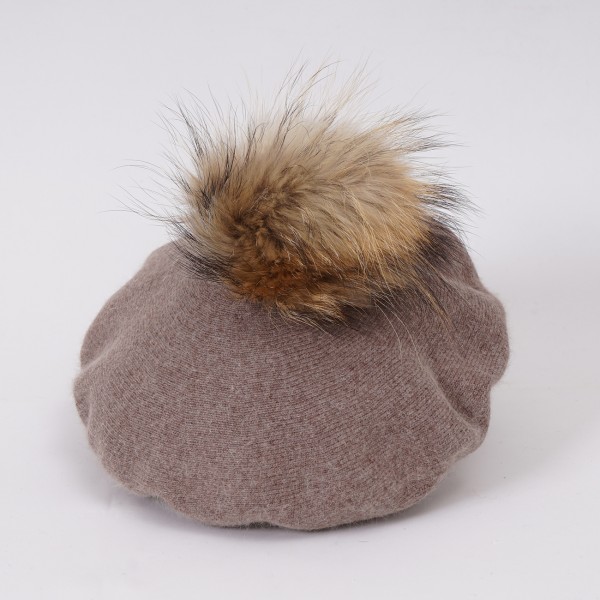 wool/viscose beret with removable natural pompom