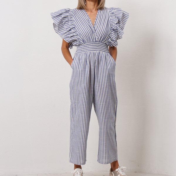striped jumpsuit with/ruffles