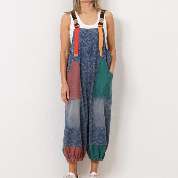 printed denim overalls with a mix of fabrics