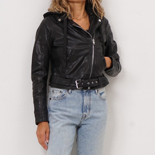 leather jacket with removable hood