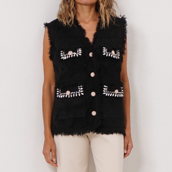knitted vest with gold buttons