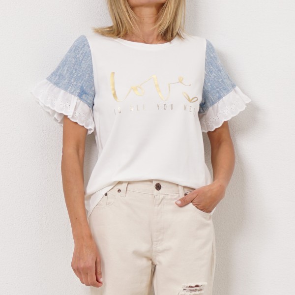 tshirt with denim application + English embroidery