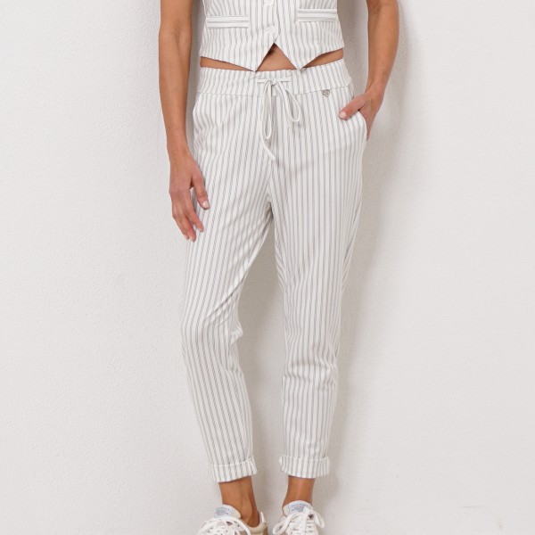 striped pants with ties at the waist