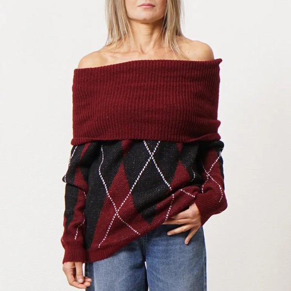 Boat neck knit sweater with wool (jacquard)