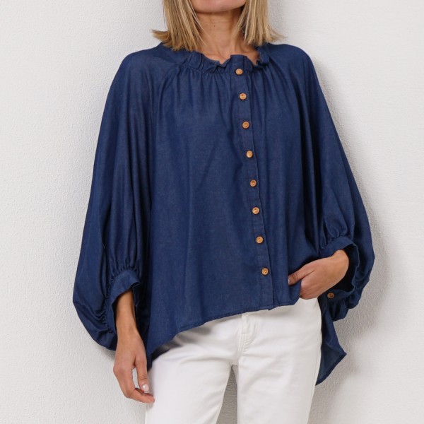 denim blouse with ruffles