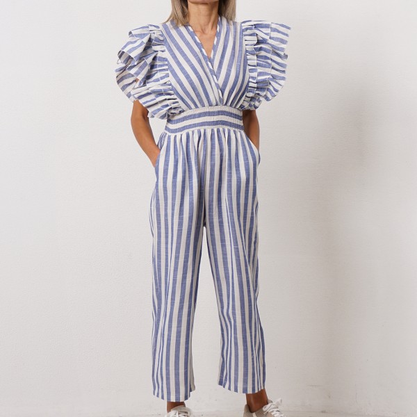 striped jumpsuit with/ruffles