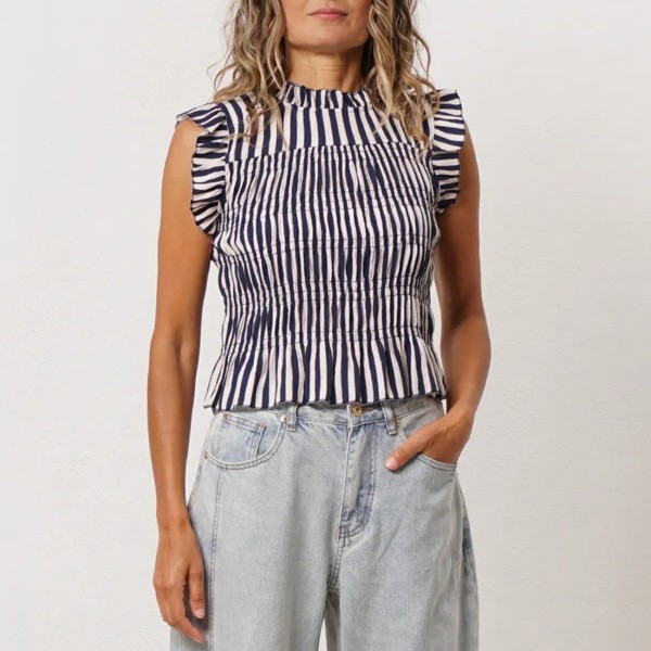 Striped blouse with gathers and ruffles