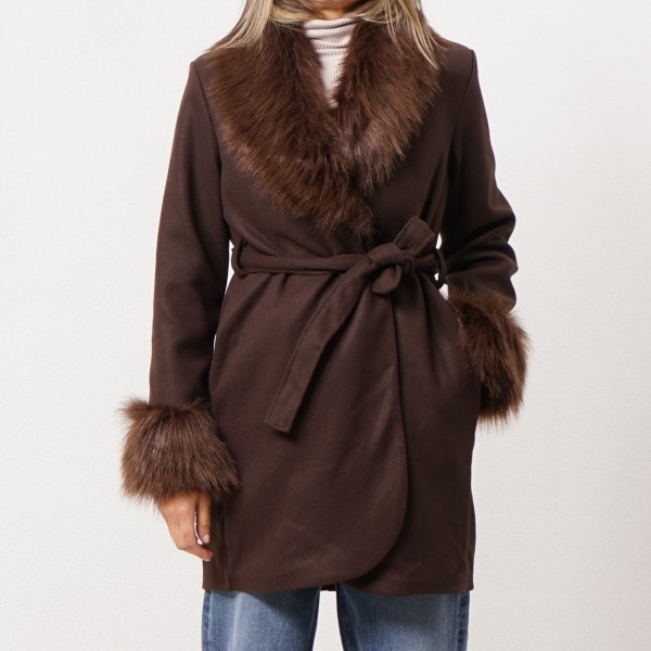 Fabric jacket with fur trim on the collar and cuffs
