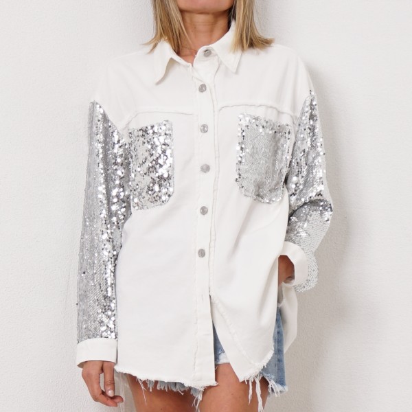 over denim shirt with sequins application