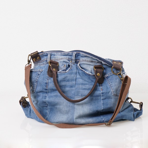 vintage denim bag with leather handles