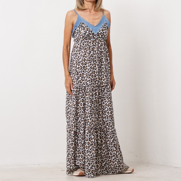 dress with animal print denim appliqué