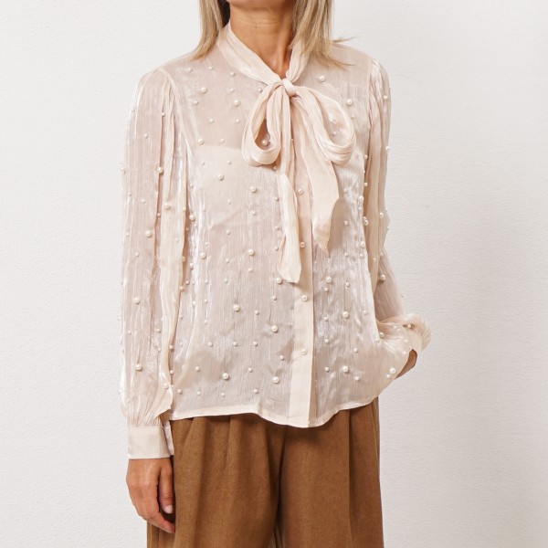 blouse with bow + pearls