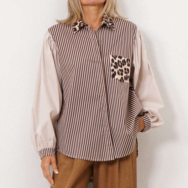 fabric mix blouse with balloon sleeves