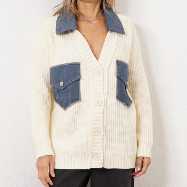 knitted coat with denim applications