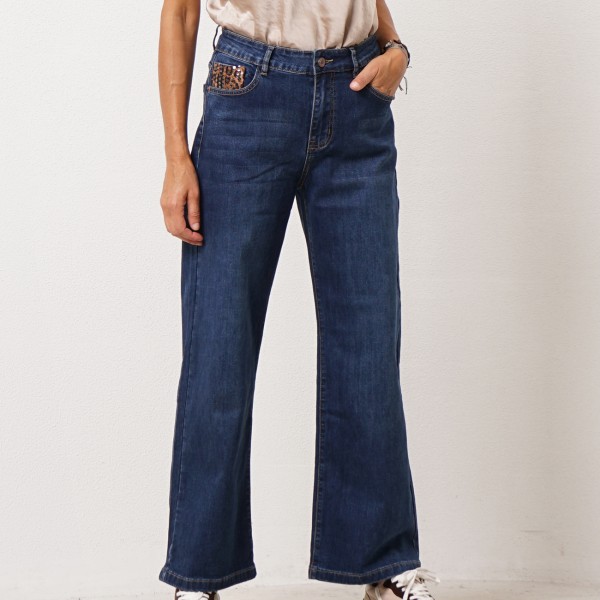 Denim wide-leg pants with animal print appliqués