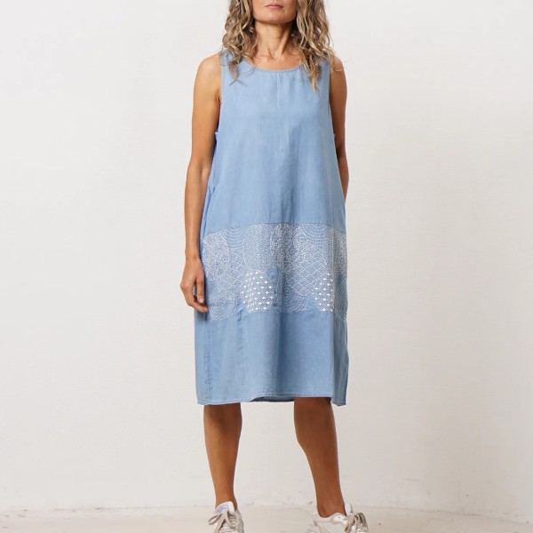 Embroidered denim dress with tencel