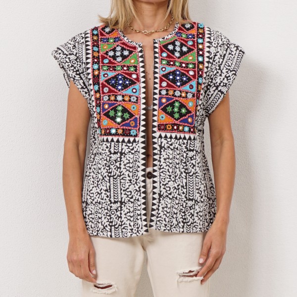 vest with embroidery application with mirrors in cotton canvas