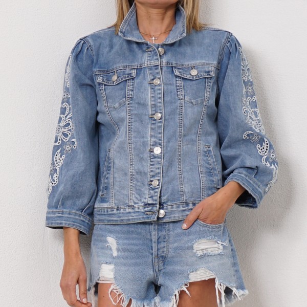 denim blouse with balloon sleeves