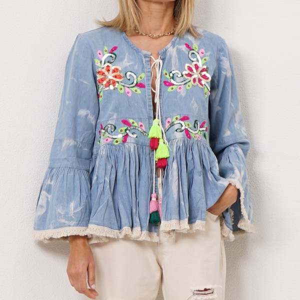 denim blouse with embroidery application + sequins