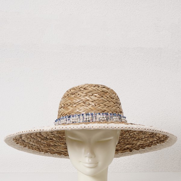 straw hat with applique + English embroidery