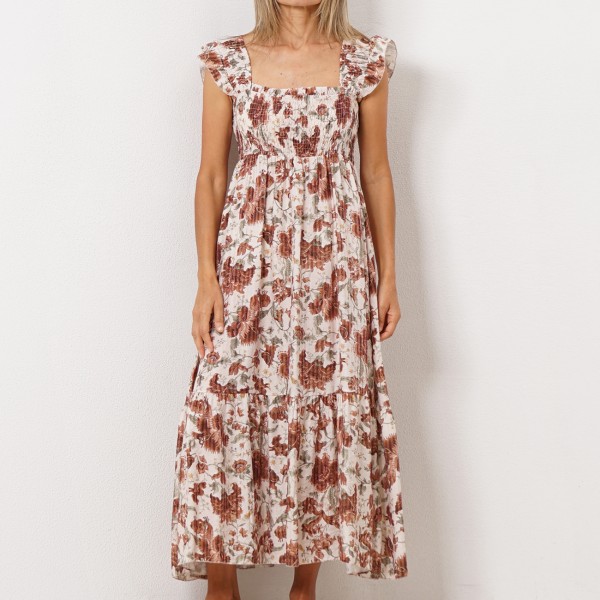 dress with gathered and printed frills