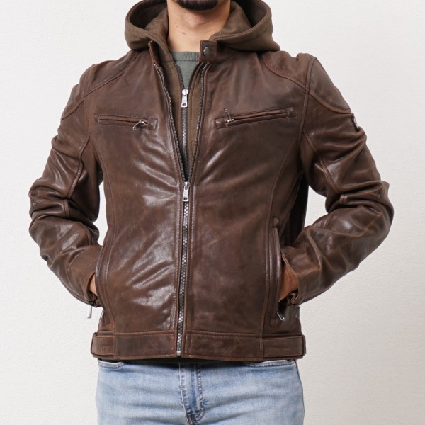 Leather jacket with removable cotton hood