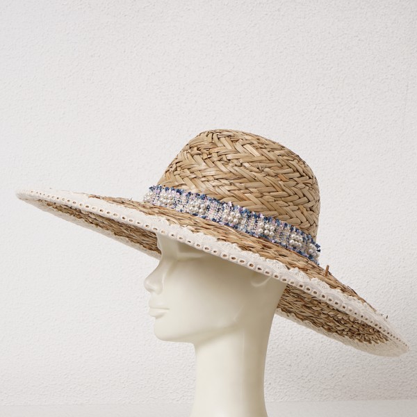 straw hat with applique + English embroidery