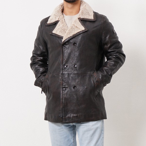 fitted leather coat with lamb collar