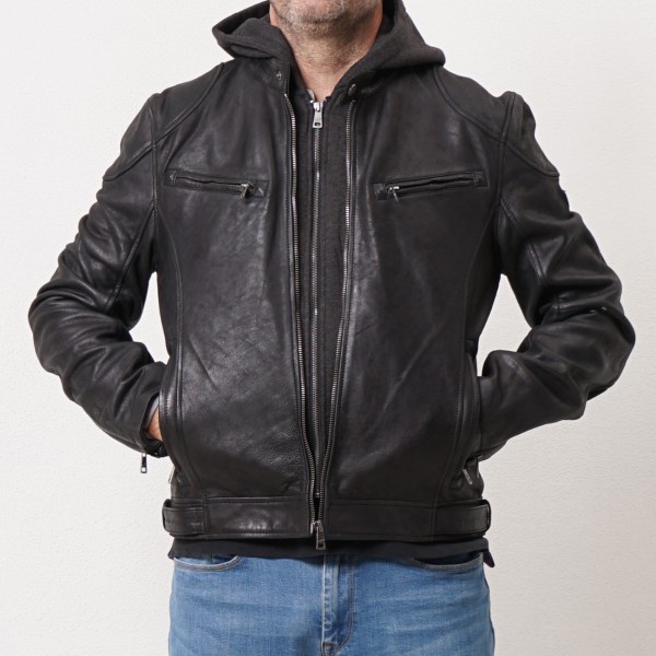Leather jacket with removable cotton hood