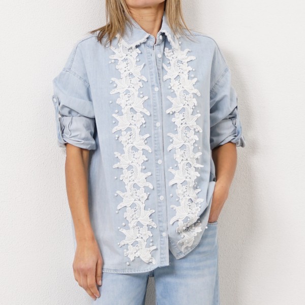 denim blouse with pearl and lace application