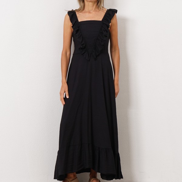 Viscose dress with gathers and ruffles on the straps