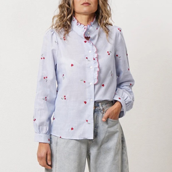 Embroidered striped blouse with ruffles