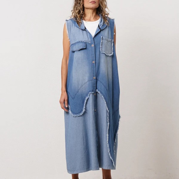 Cotton dress with buttons down the front and asymmetrical appliqués
