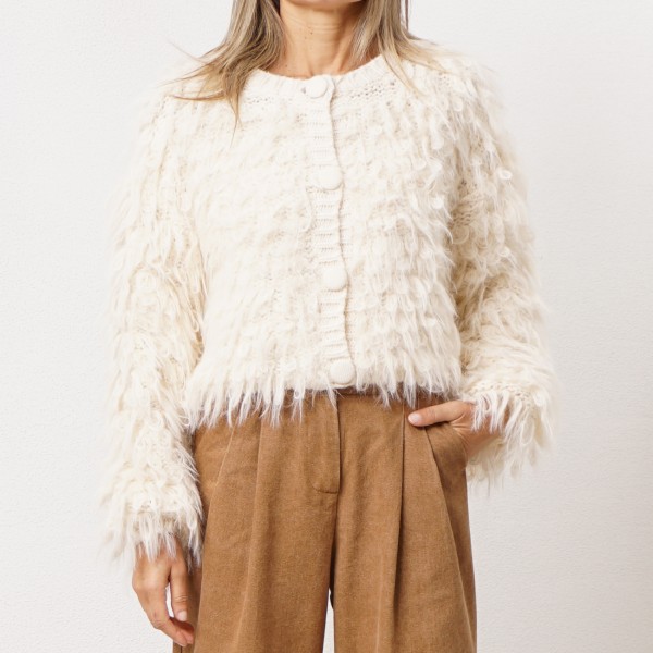 Knitted cardigan with visible fur trim