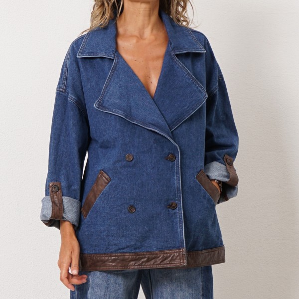 Oversized denim jacket with faux leather inserts (premium)