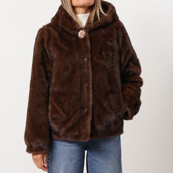 Coat with faux fur hood