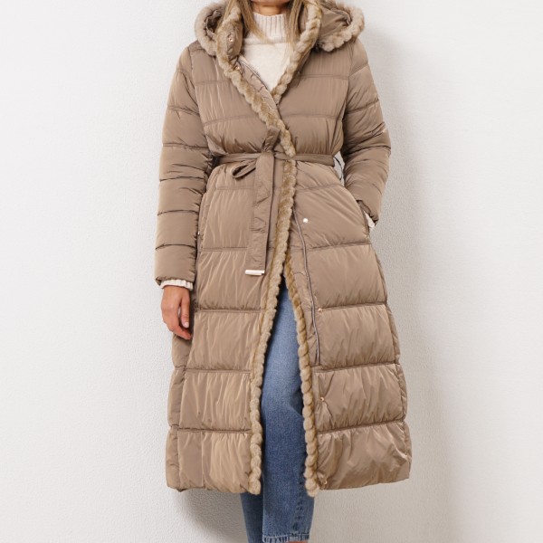 Padded hooded jacket with fur trim