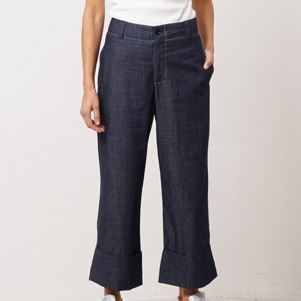 twill wide-leg trousers with fold-over detail