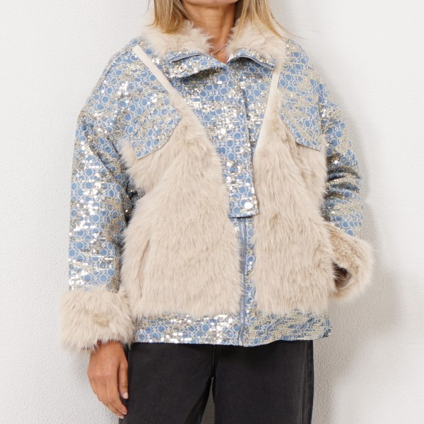 denim jacket with fur and sequins