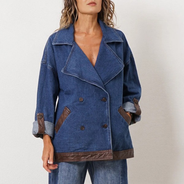 Oversized denim jacket with faux leather inserts (premium)