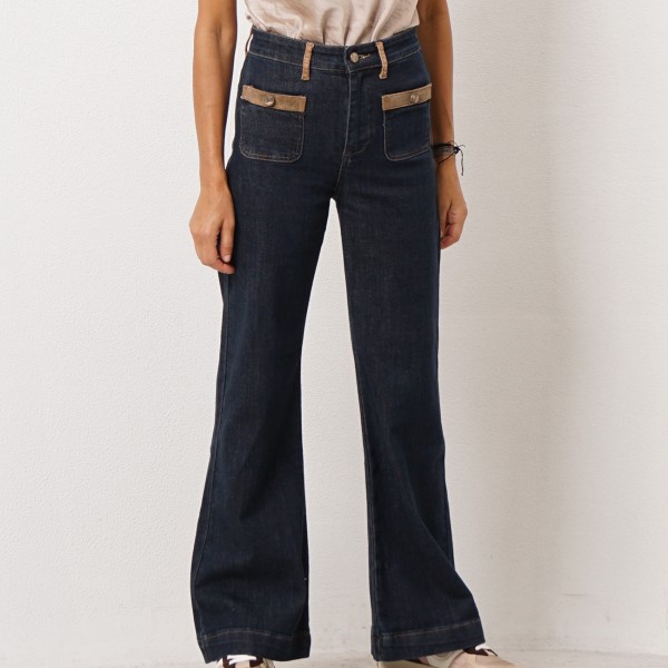 Jeans with patch pockets and corduroy inserts