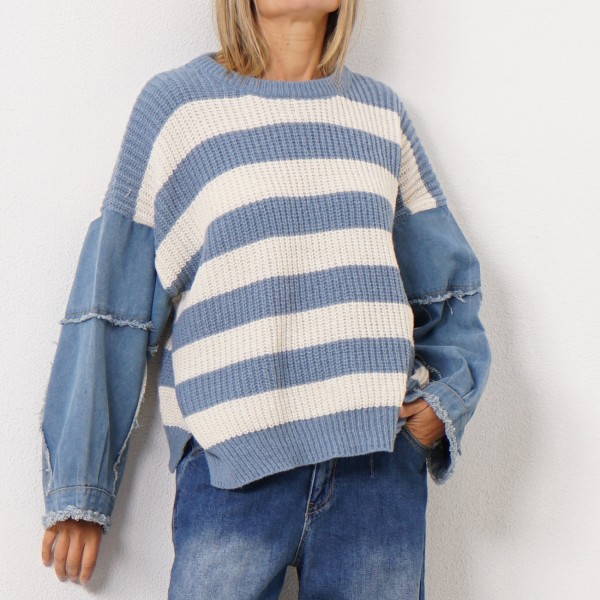 knit sweater with denim sleeves