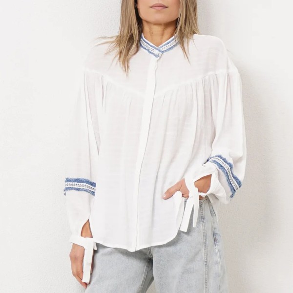 blouse with denim appliqués