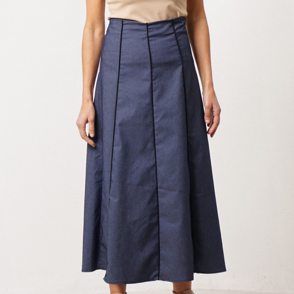 Denim flared skirt with piping detail