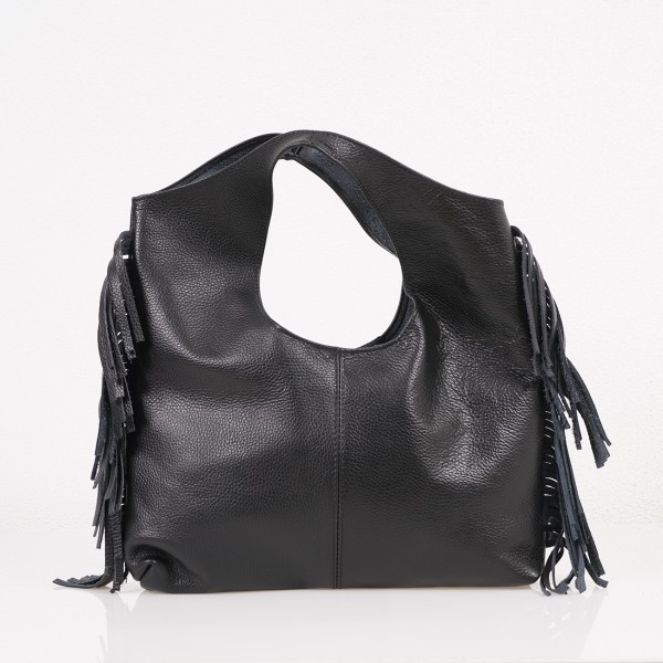 Hammered leather bag with fringes